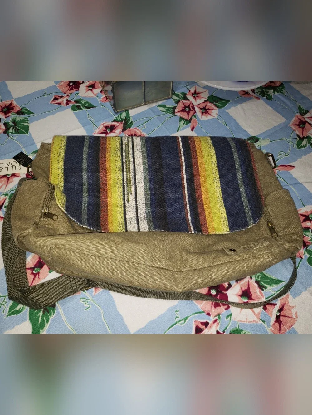 Billabong Canvas Messenger Bag with Multicolored Striped Flap